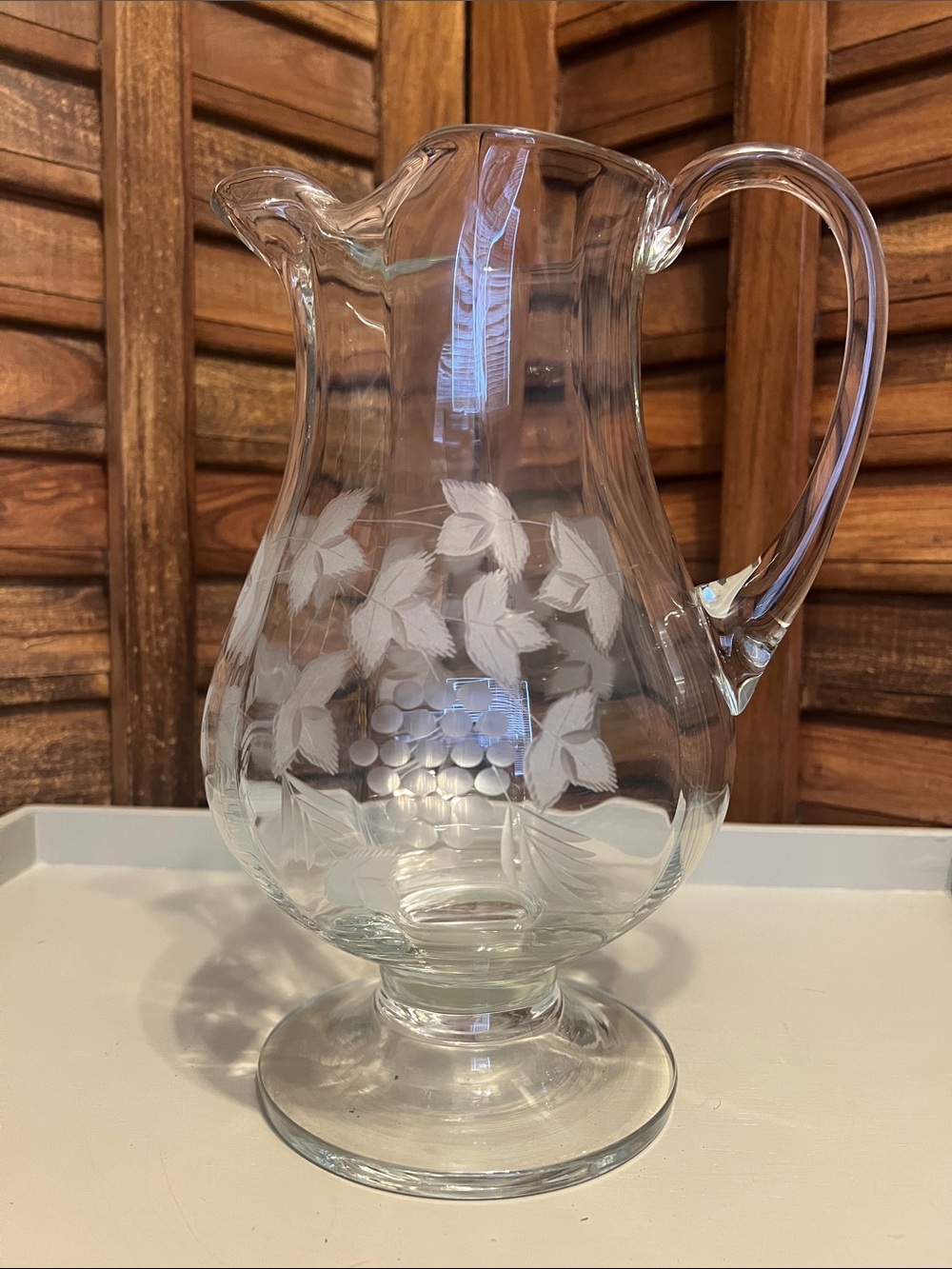 Etched Glass Pitcher with Grapevine Motif - Clear